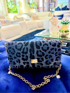 Dolce & Gabbana Denim Blue and Black Leopard Print Chain Crossbody Bag